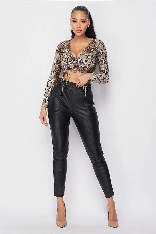 SNAKE PRINT DEEP-V FRONT SHIRRING CROPPED TOP sold by privy product image thumbnail 4