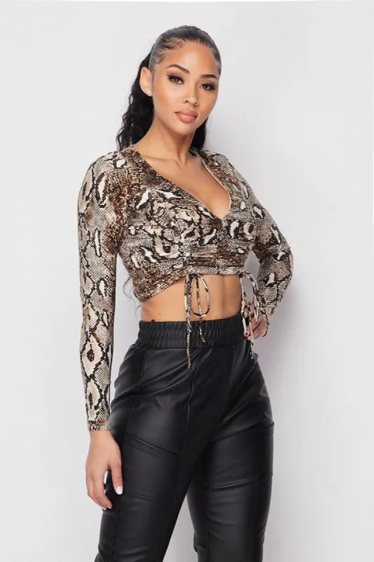 SNAKE PRINT DEEP-V FRONT SHIRRING CROPPED TOP sold by privy