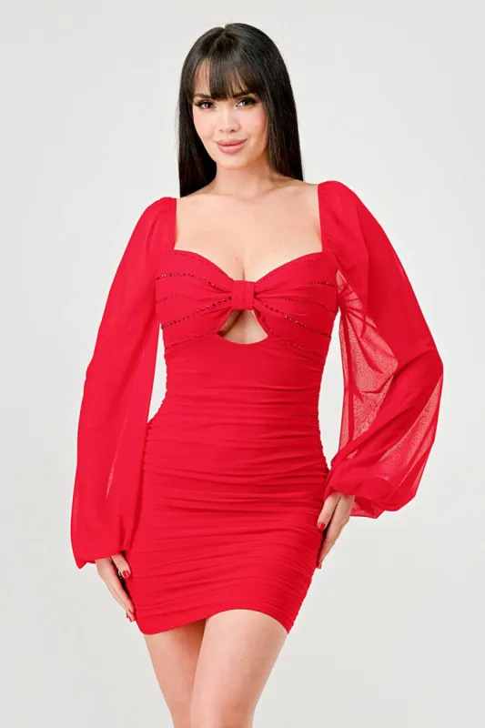 LUXE RHINESTONE BOW SWEETHEART KEYHOLE MINI DRESS sold by privy