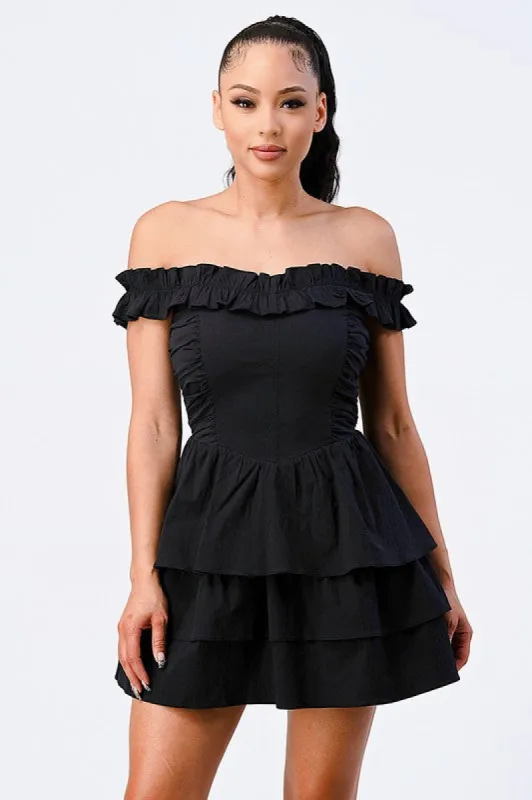 PD71788N-W / OFF-SHOULDER RUFFLE LAYERED SOFT COTTON KNIT DRESS sold by privy