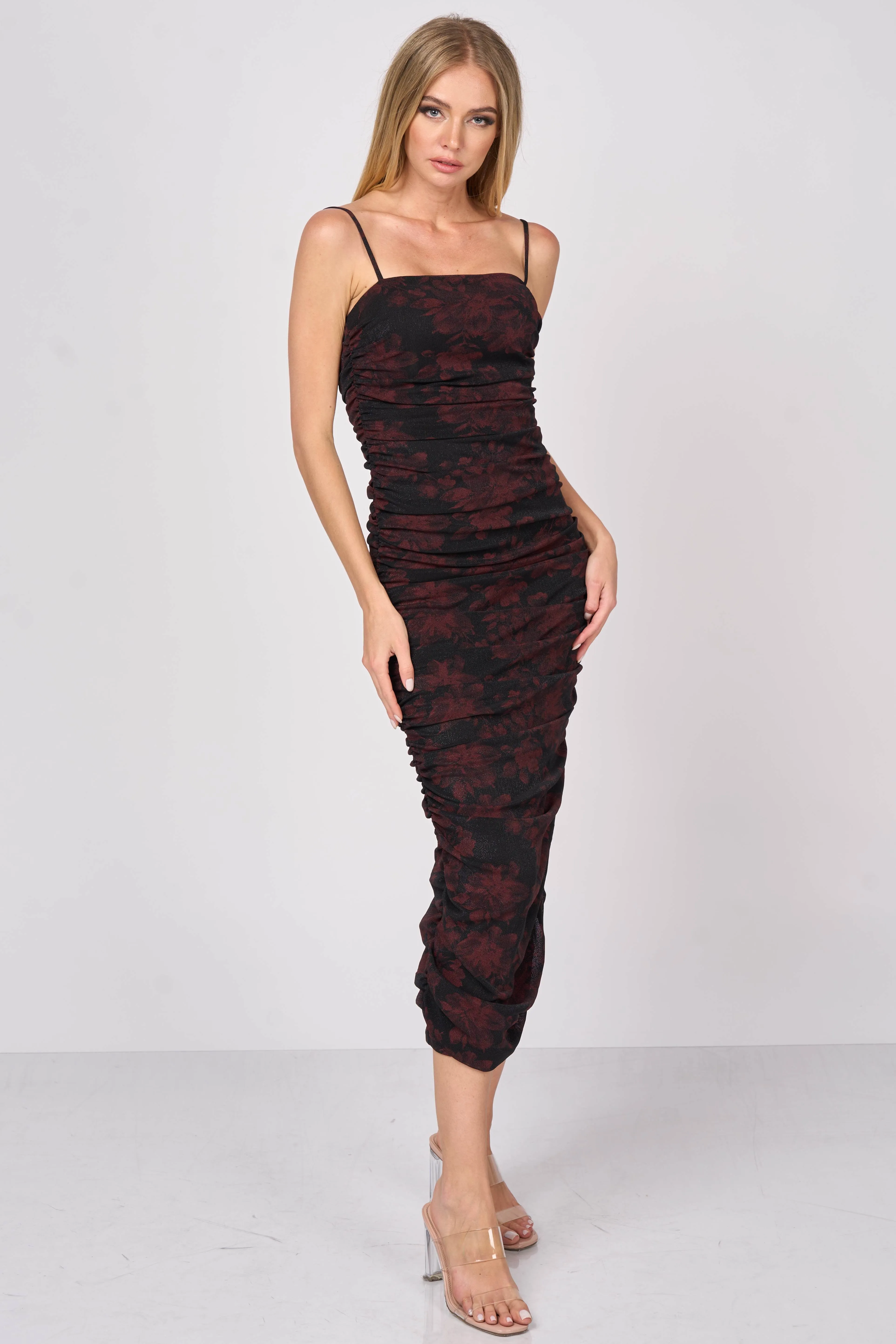 FLORAL PRINT SHINNY MESH RUCHED SLITTED MIDI DRESS sold by privy product image thumbnail 5