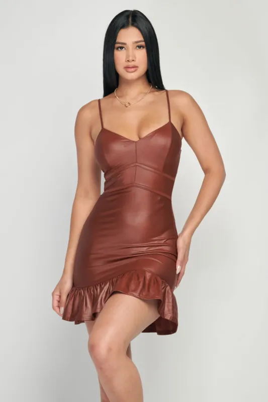 LUX COATING PU RUFFLED SLEEVELESS BODYCON MINI DRESS sold by privy
