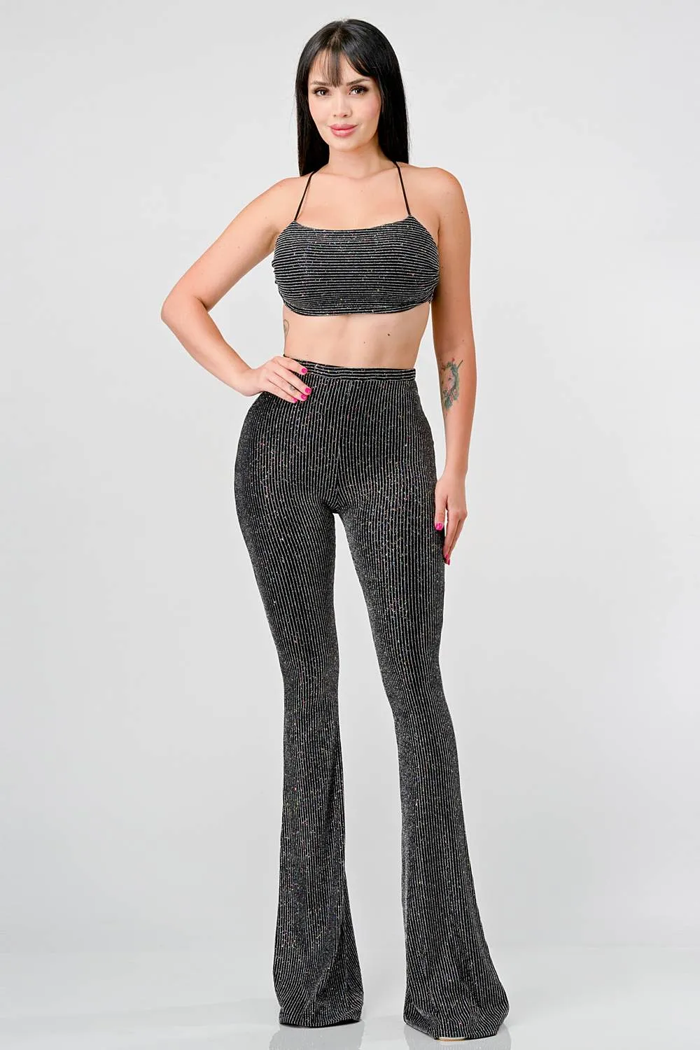 GLITTER METALLIC LUREX CAMI TOP & FLARE PANTS SET sold by privy