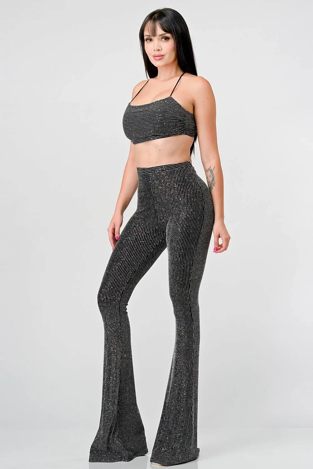 GLITTER METALLIC LUREX CAMI TOP & FLARE PANTS SET sold by privy product image thumbnail 2