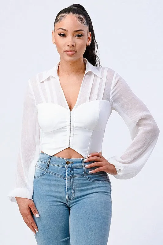 LUXE COLLARED SHEER LONG SLEEVE CROPPED BLOUSE sold by privy product image thumbnail 5