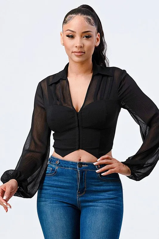 LUXE COLLARED SHEER LONG SLEEVE CROPPED BLOUSE sold by privy