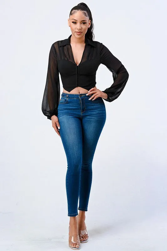 LUXE COLLARED SHEER LONG SLEEVE CROPPED BLOUSE sold by privy product image thumbnail 4