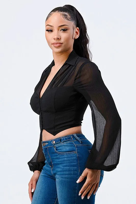 LUXE COLLARED SHEER LONG SLEEVE CROPPED BLOUSE sold by privy product image thumbnail 2
