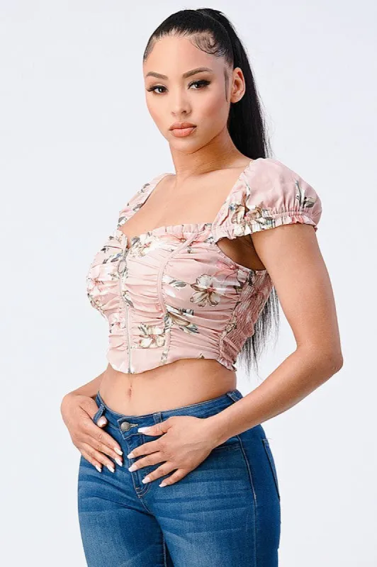 CHIC FLORAL CAP SLEEVE RING ZIP-UP CROPPED TOP sold by privy