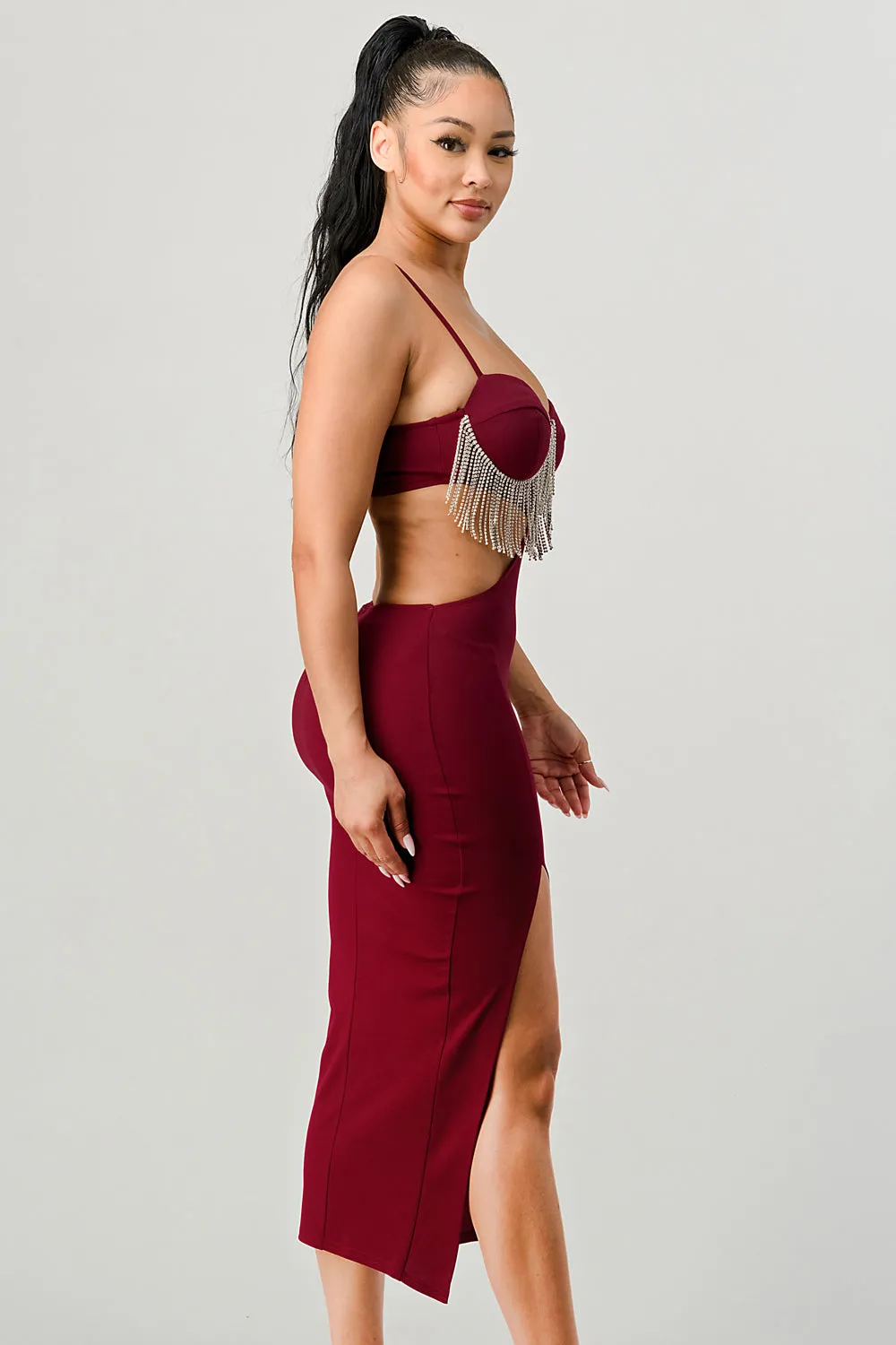 LUX RHINESTONE FRINGE SIDE CUTOUTS MIDI DRESS sold by privy product image thumbnail 2