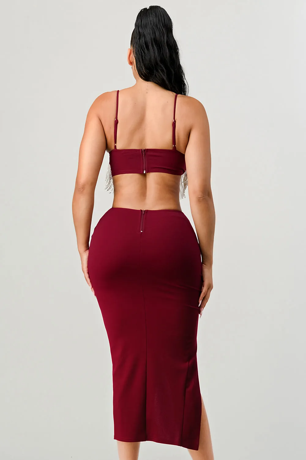 LUX RHINESTONE FRINGE SIDE CUTOUTS MIDI DRESS sold by privy product image thumbnail 3