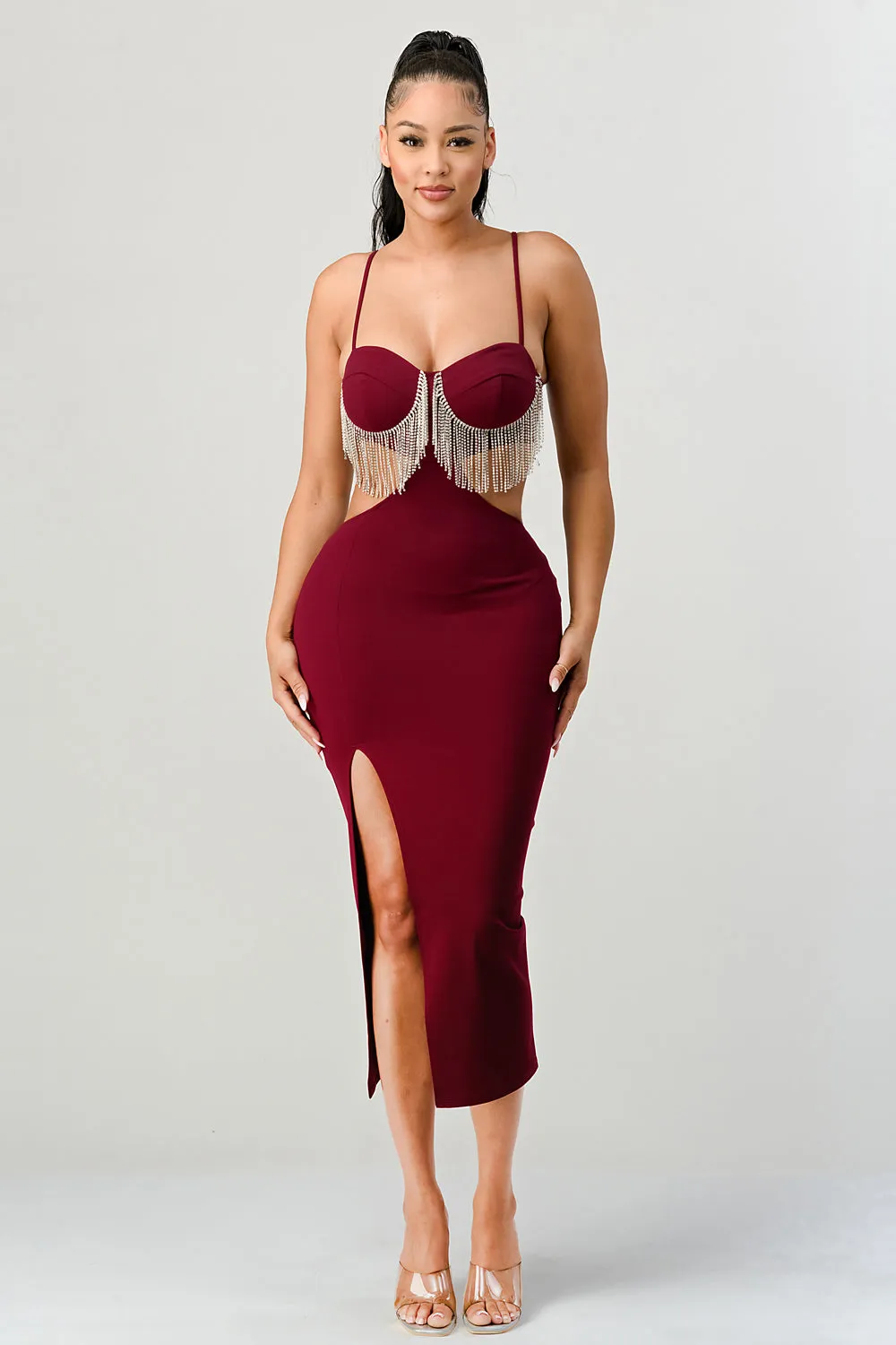LUX RHINESTONE FRINGE SIDE CUTOUTS MIDI DRESS sold by privy product image thumbnail 4