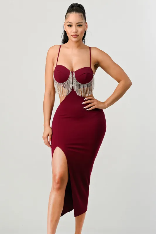 LUX RHINESTONE FRINGE SIDE CUTOUTS MIDI DRESS sold by privy