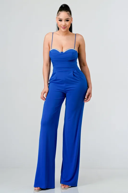LUXE CRYSTAL EMBELLISHED BUST WIDE LEG JUMPSUIT sold by privy