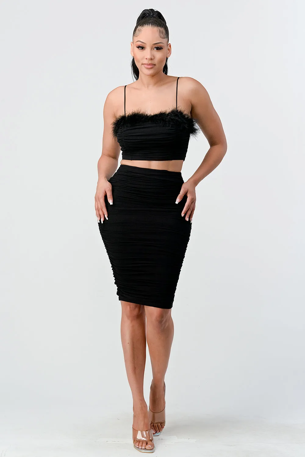 FUZZY FUR TRIM CROP TOP AND RUCHED SKIRT SETS sold by privy product image thumbnail 3