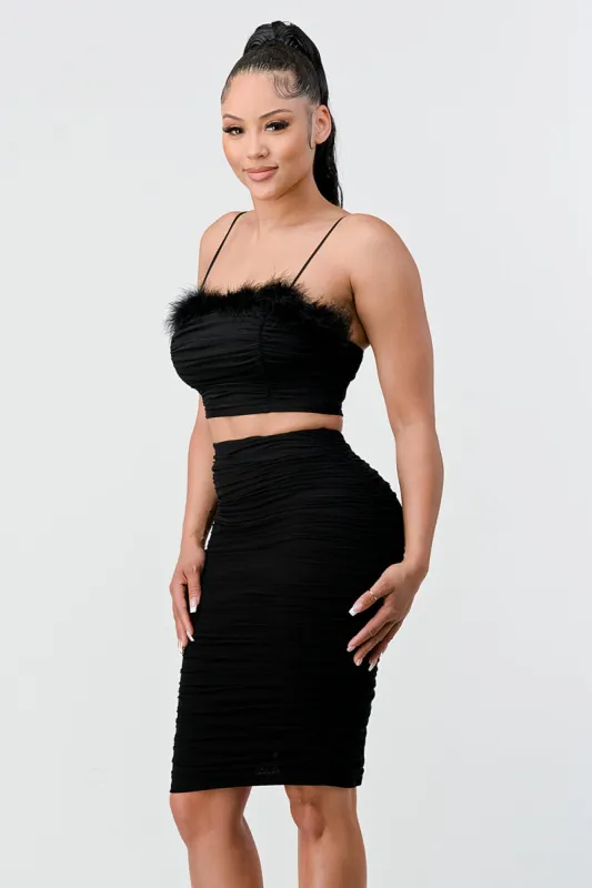FUZZY FUR TRIM CROP TOP AND RUCHED SKIRT SETS sold by privy