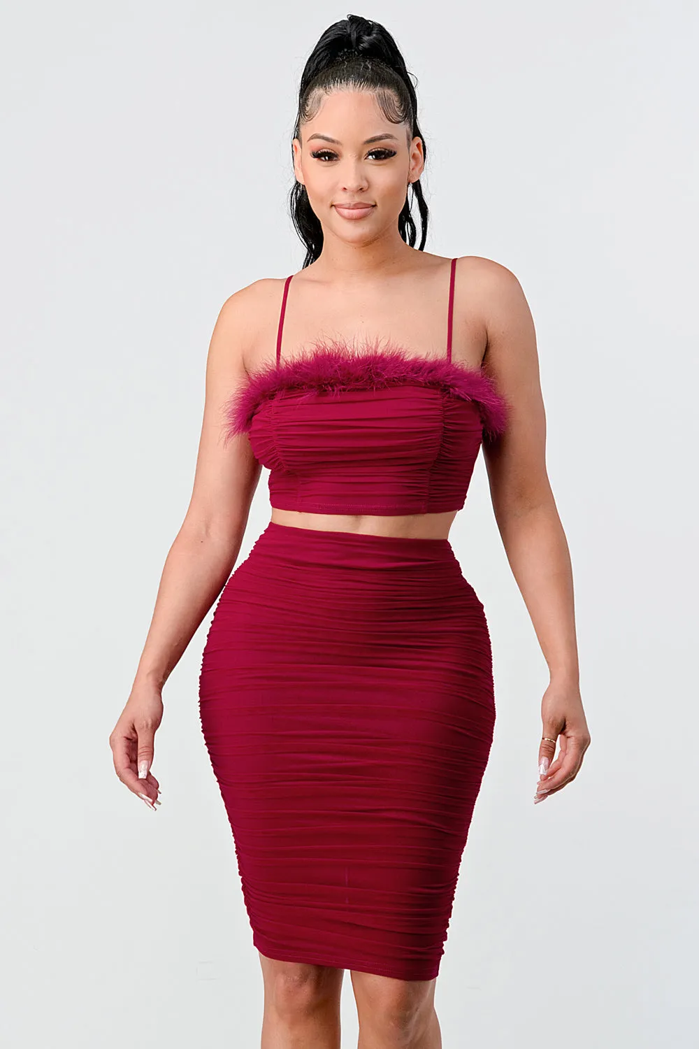 FUZZY FUR TRIM CROP TOP AND RUCHED SKIRT SETS sold by privy product image thumbnail 5