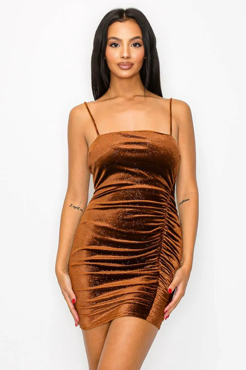 MPD1170-W / LUXE STRETCH GLITTER VELVET RUCHED TANK MINI DRESS sold by privy