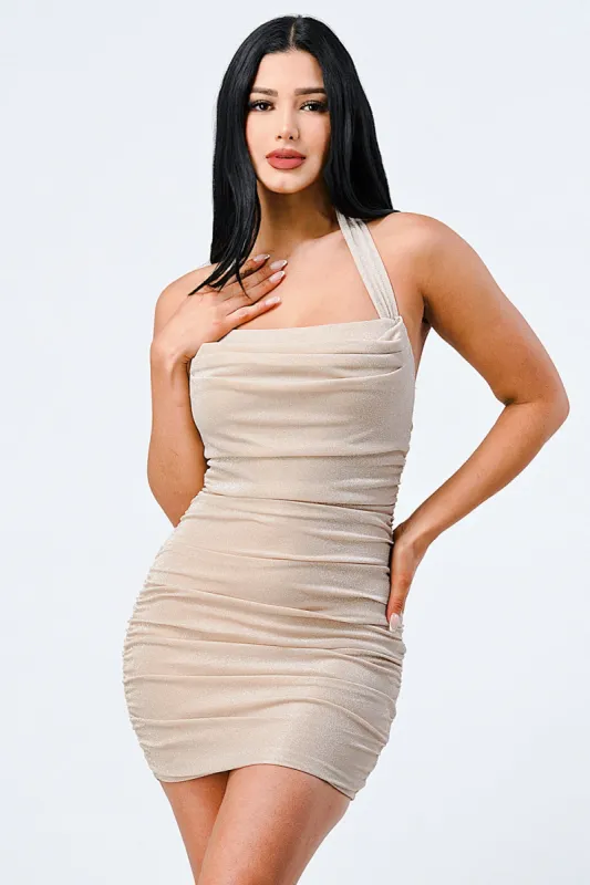 LUX METALIC HALTER BACK TIE BODYCON DRESS sold by privy