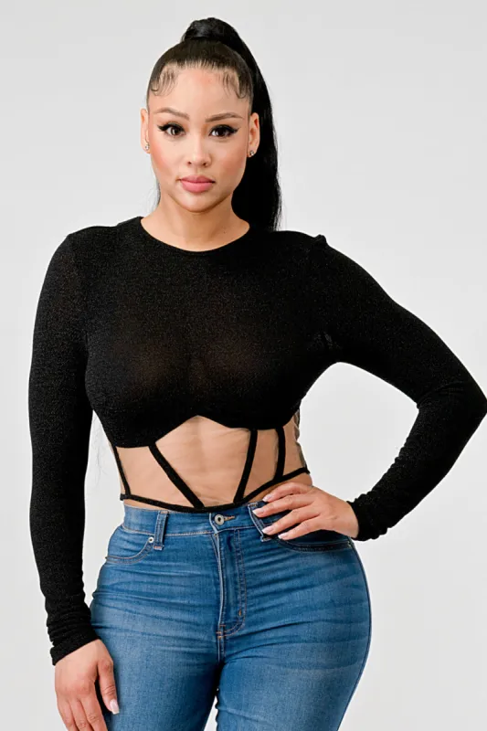 METALLIC LUREX KNIT SHEER CORSET STYLE CROP TOP sold by privy