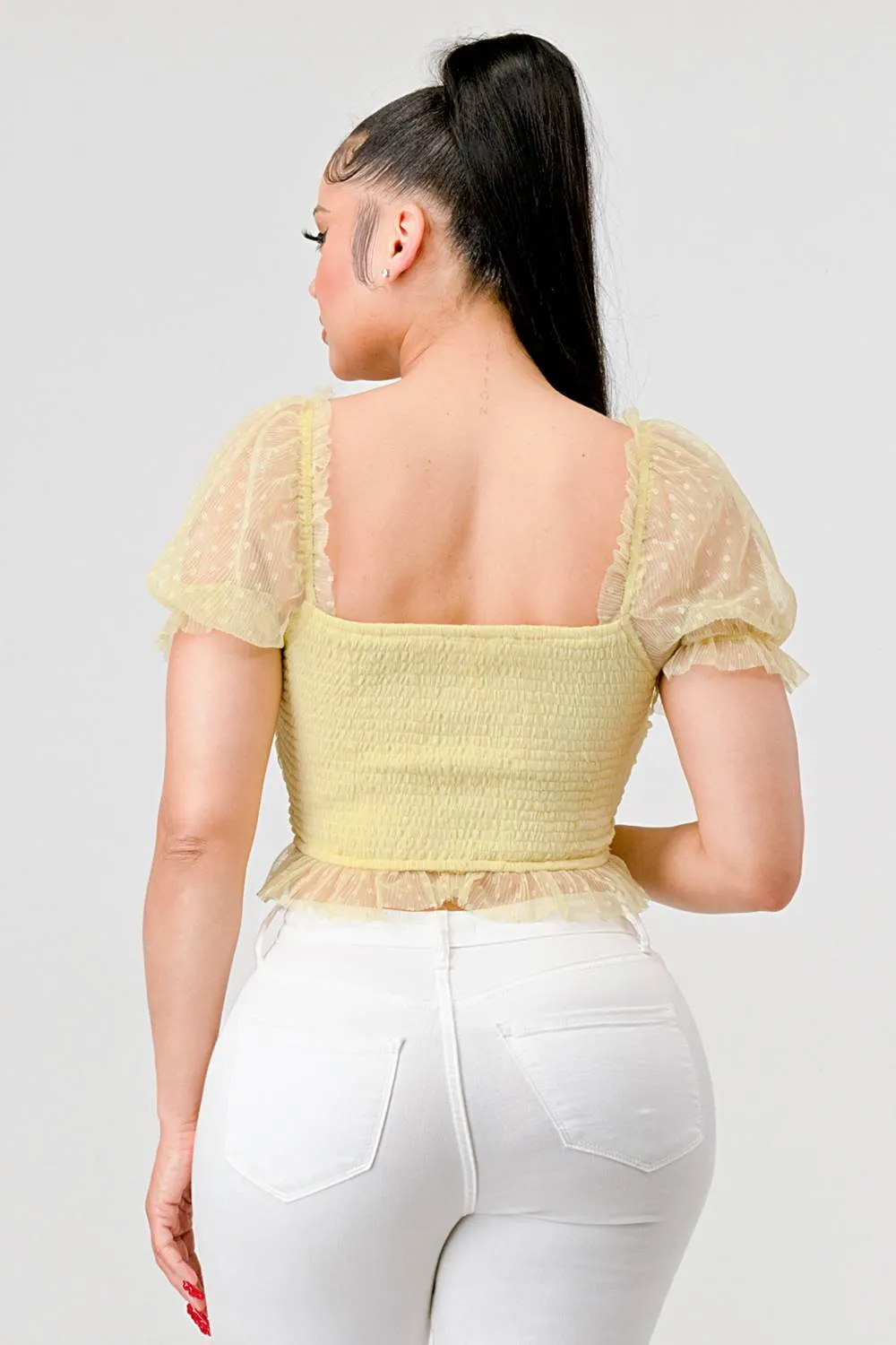 POLKA DOT MESH SWEETHEART KEYHOLE RUFFLED CROP TOP sold by privy product image thumbnail 3