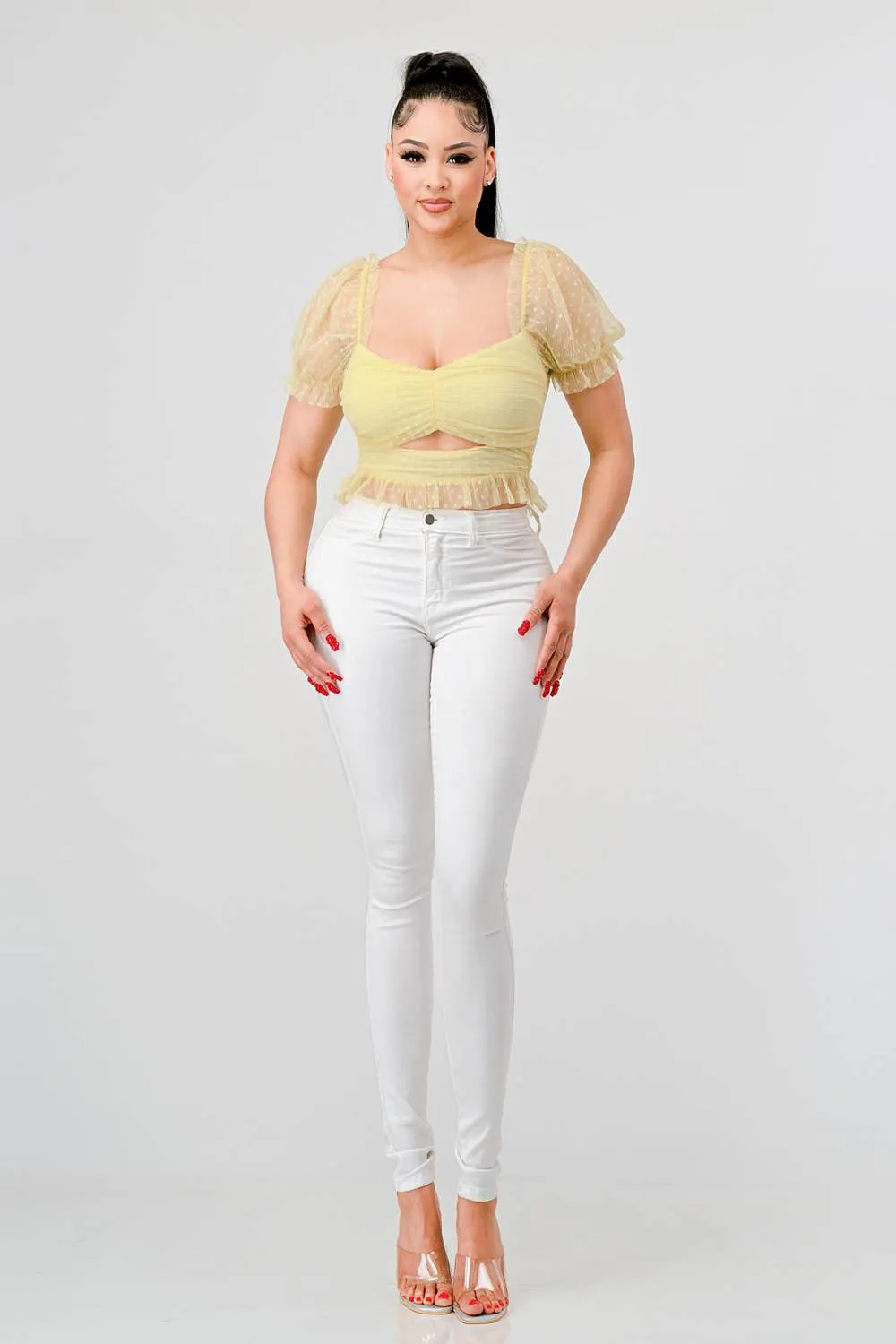 POLKA DOT MESH SWEETHEART KEYHOLE RUFFLED CROP TOP sold by privy product image thumbnail 4