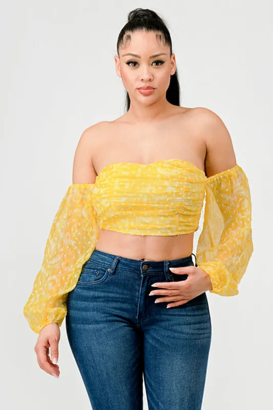POLKA DOT MESH OFF SHOULDER SWEETHEART CROPPED TOP sold by privy