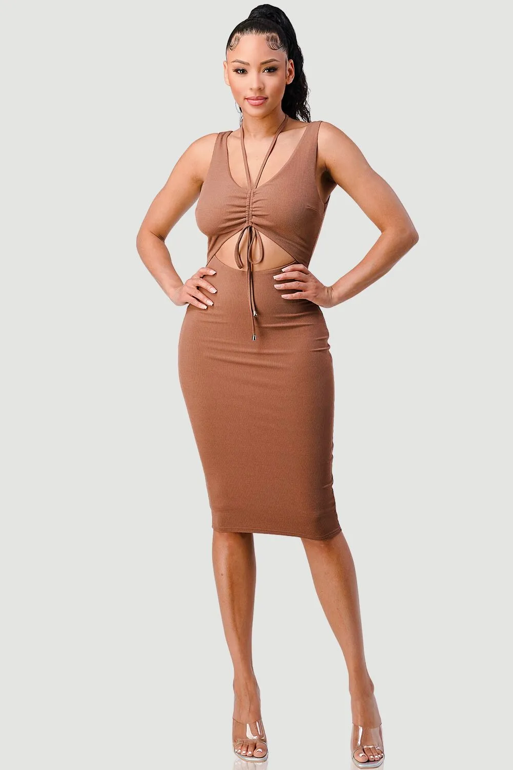 RIB KNIT HALTER DRAWSTRING BODYCON MIDI DRESS sold by privy product image thumbnail 4