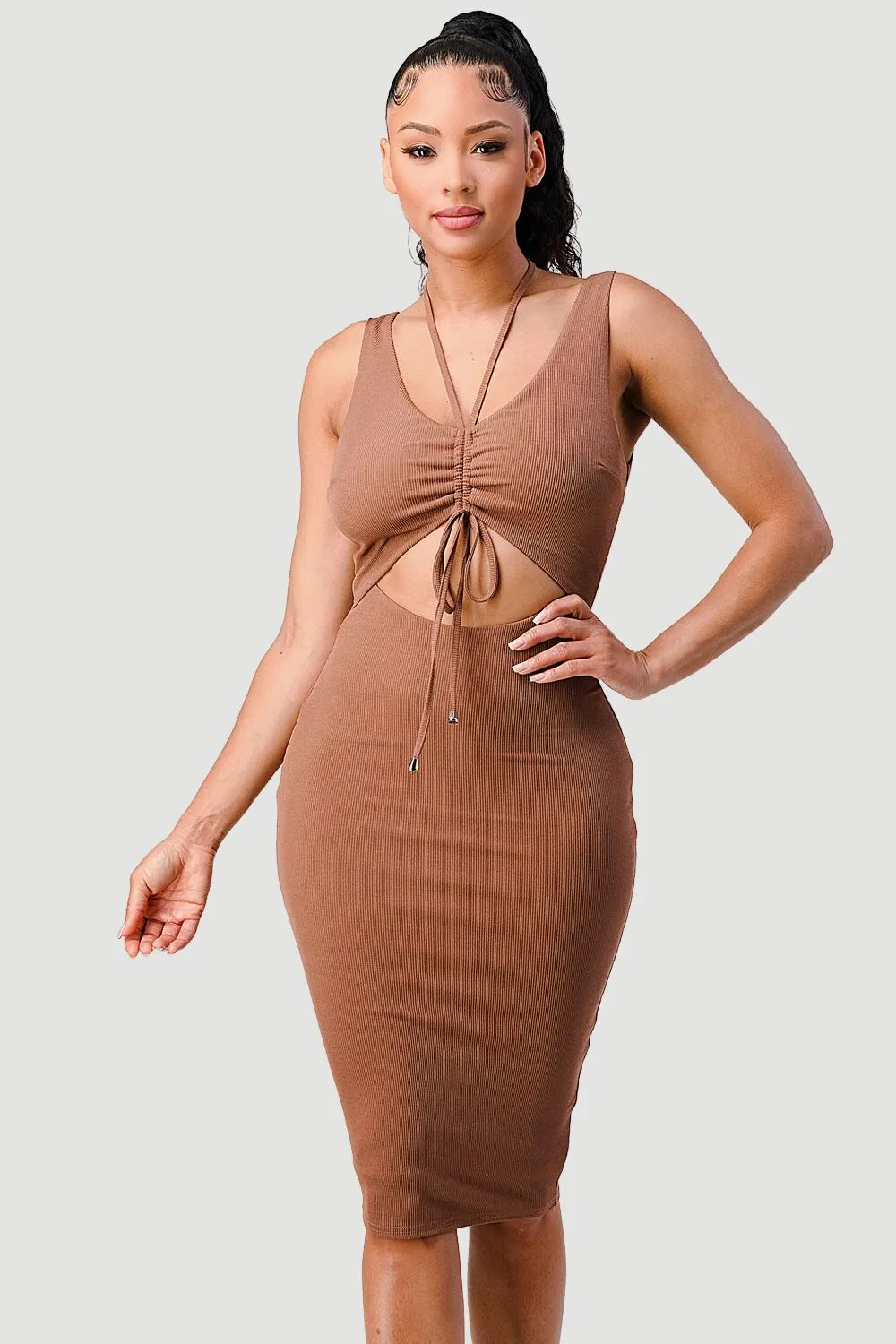 RIB KNIT HALTER DRAWSTRING BODYCON MIDI DRESS sold by privy