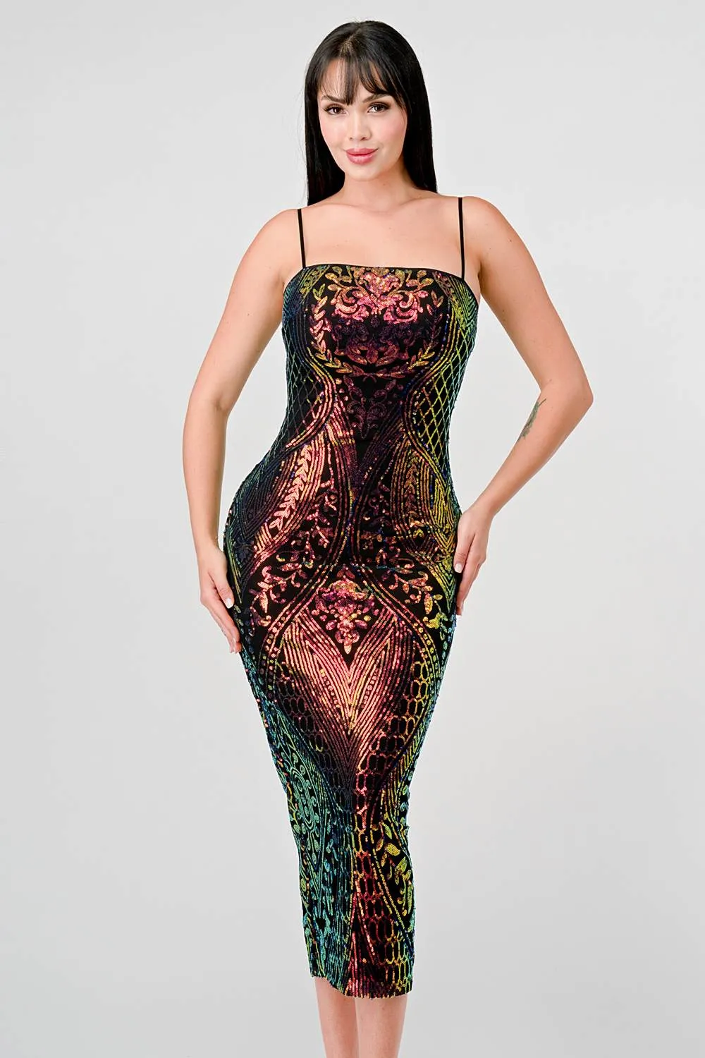ENCHANTING PATTERN SEQUINS EMBELLISHED MIDI DRESS sold by privy