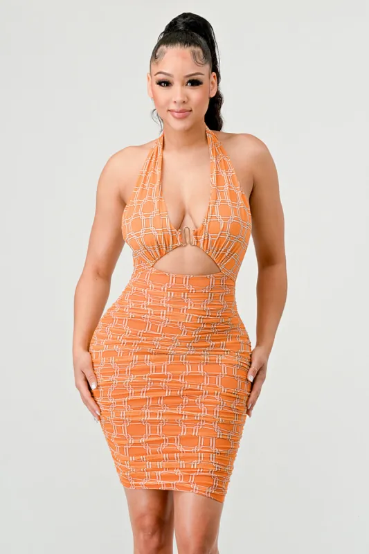 SEXY MESH HALTER NECK GOLD HOOK KEYHOLE MINI DRESS sold by privy
