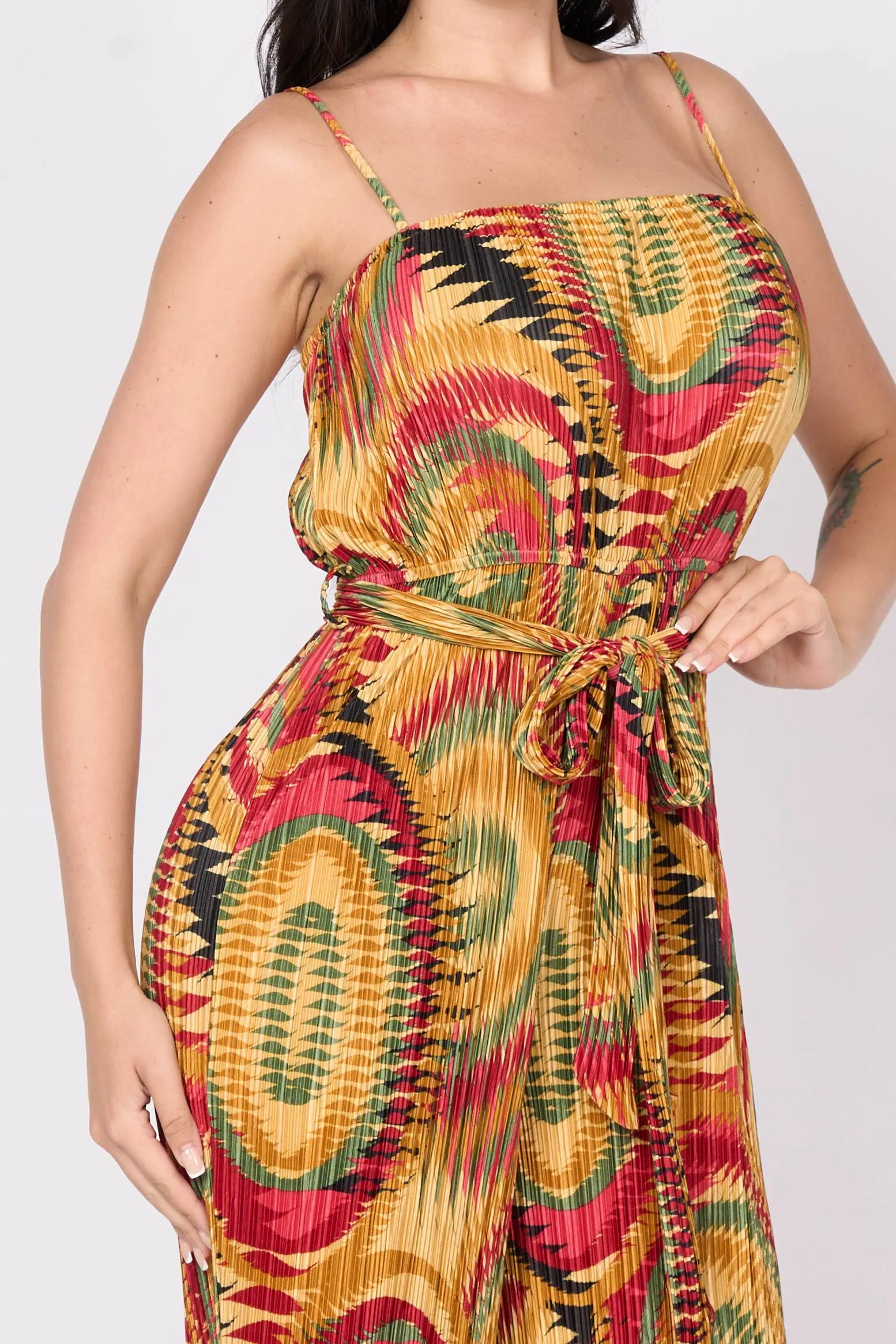 BOHEMIAN PRINT PLEATED TEXTURE WAIST TIE JUMPSUIT sold by privy product image thumbnail 5