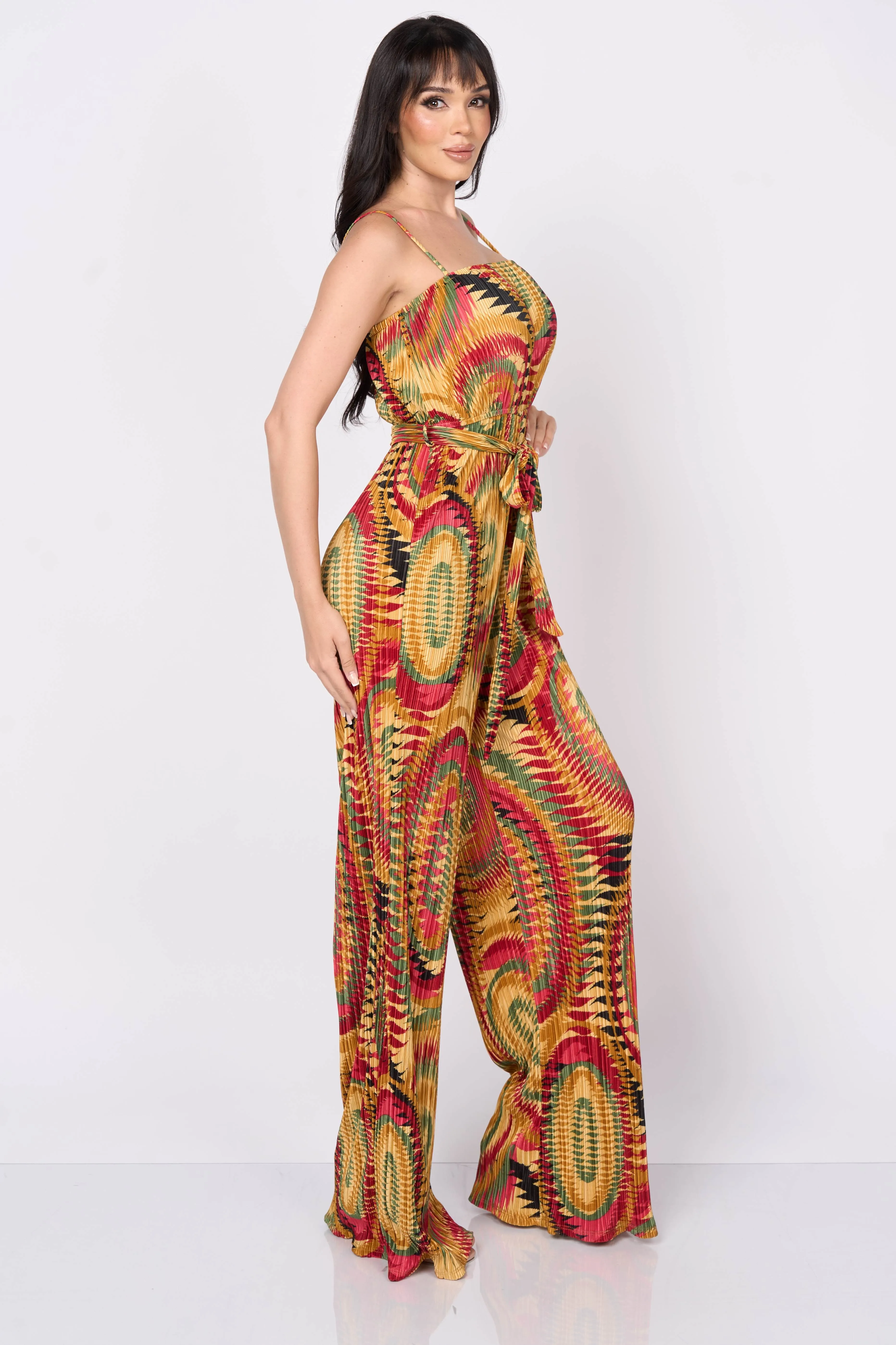 BOHEMIAN PRINT PLEATED TEXTURE WAIST TIE JUMPSUIT sold by privy product image thumbnail 2