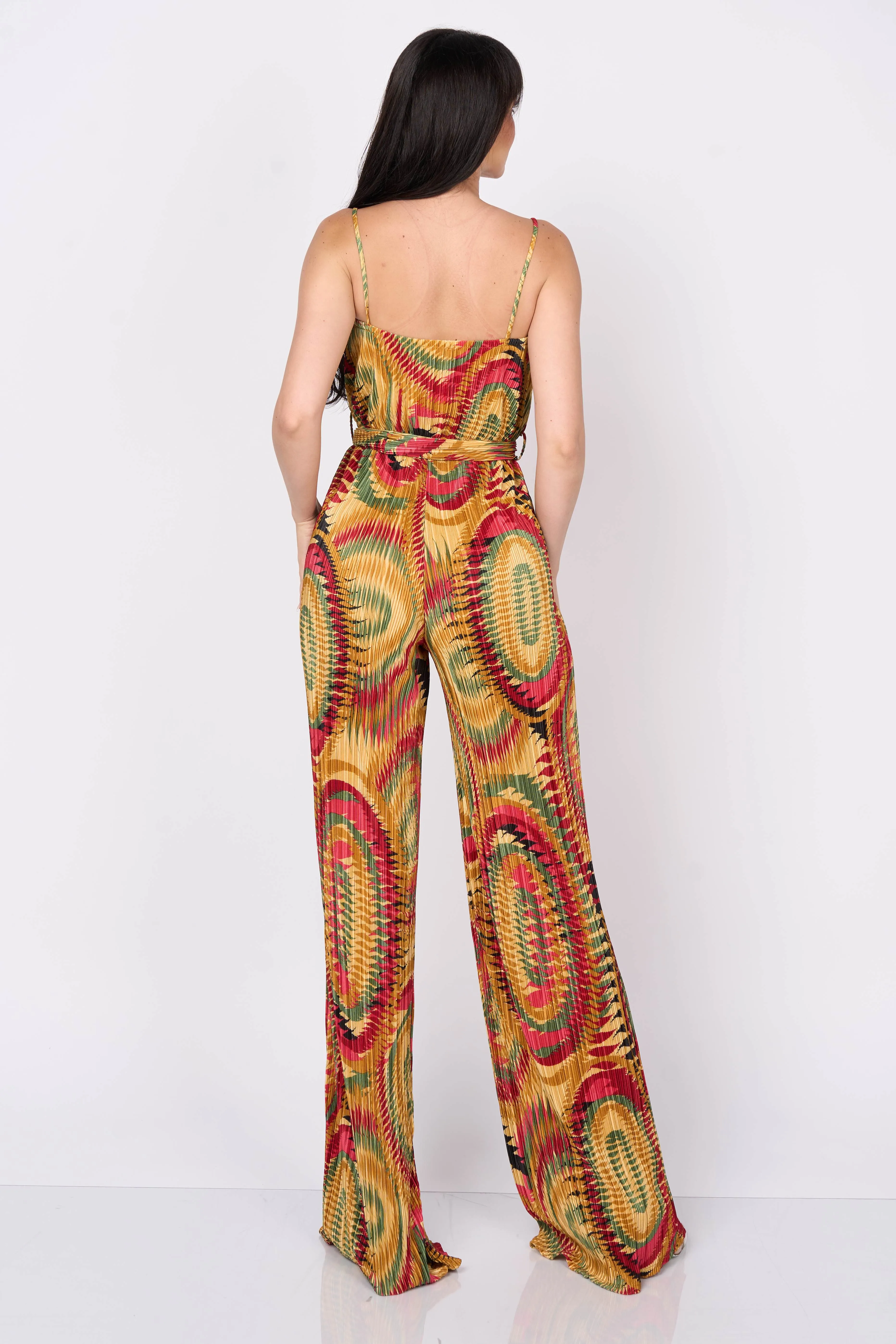 BOHEMIAN PRINT PLEATED TEXTURE WAIST TIE JUMPSUIT sold by privy product image thumbnail 3
