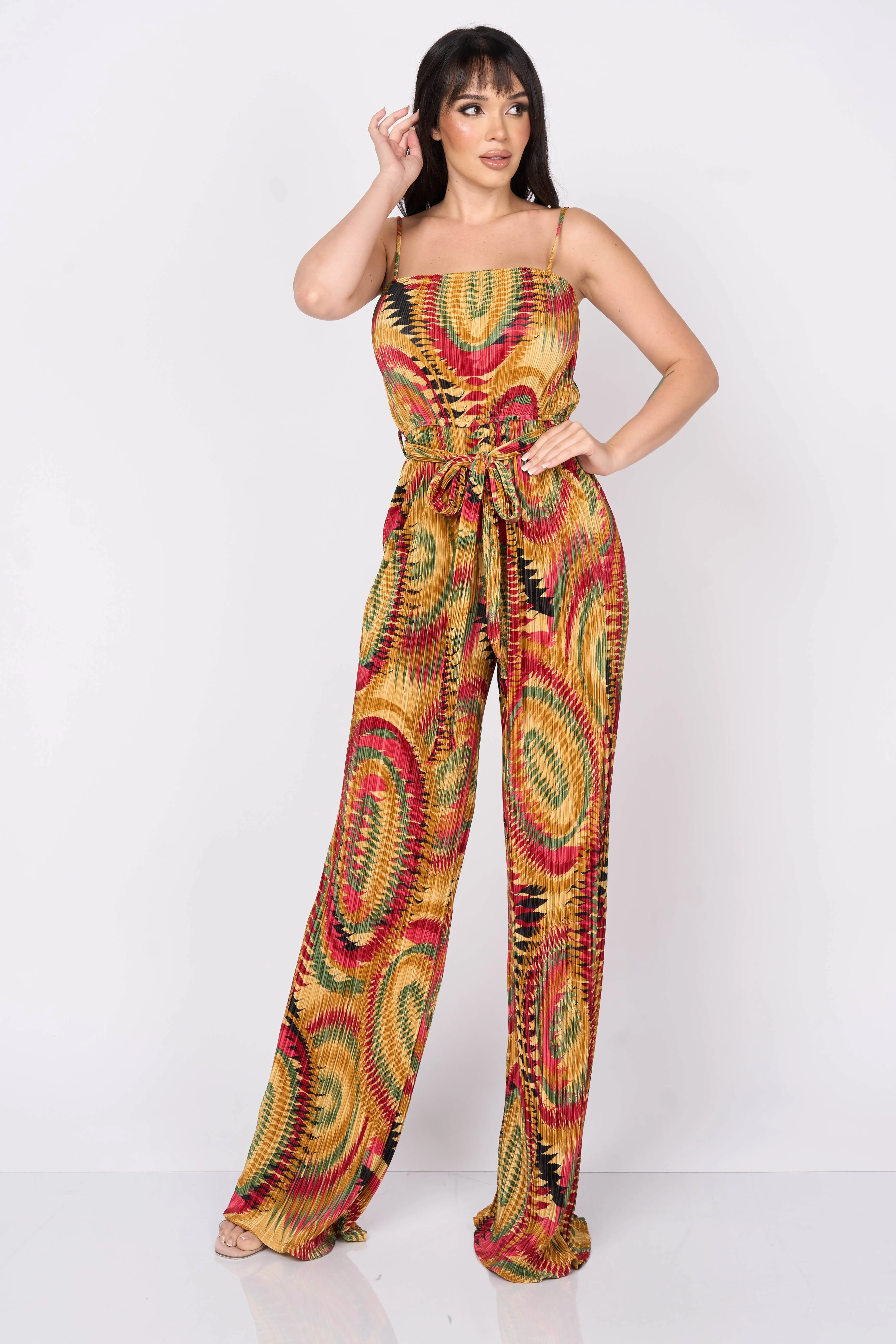 BOHEMIAN PRINT PLEATED TEXTURE WAIST TIE JUMPSUIT sold by privy product image thumbnail 4