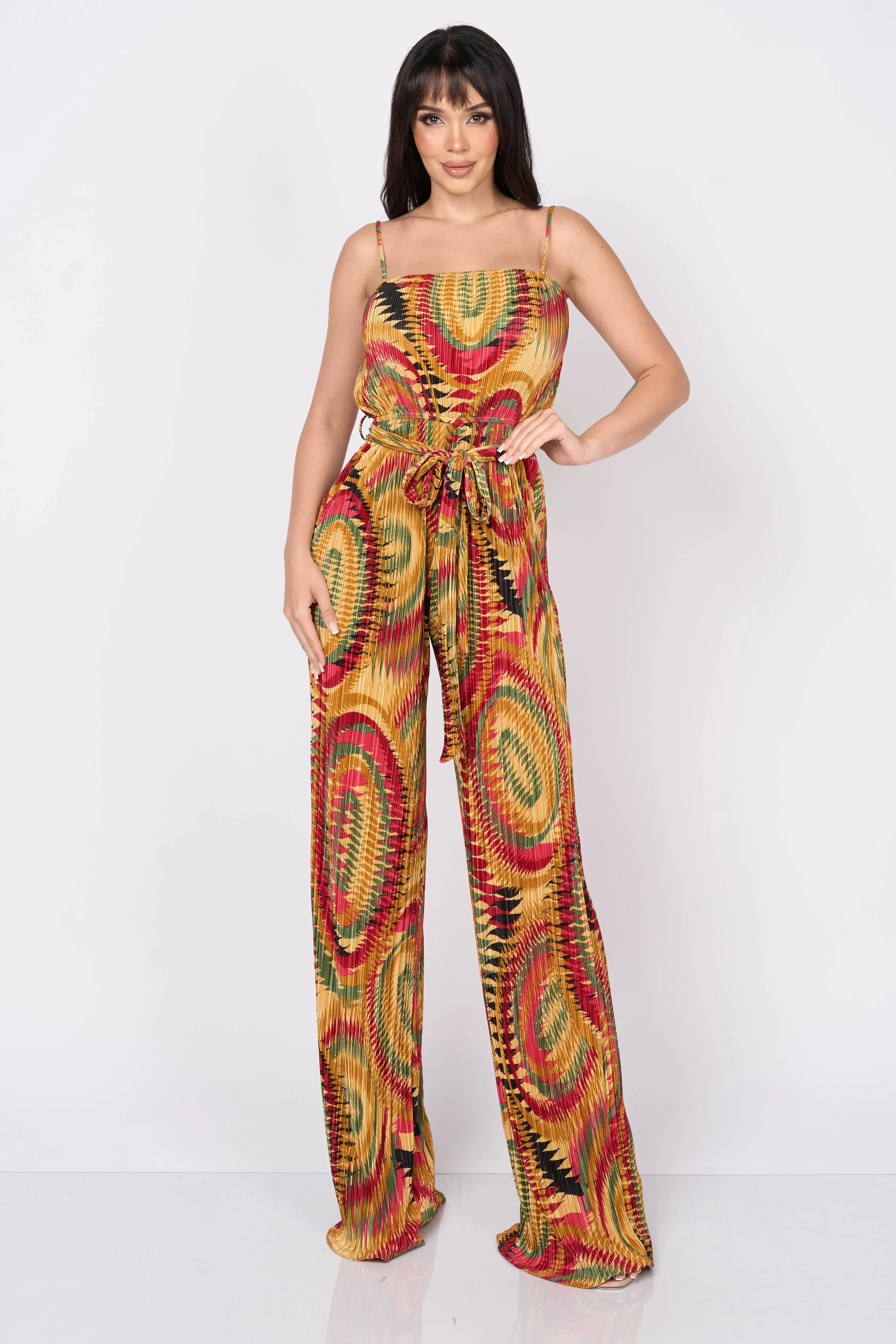 BOHEMIAN PRINT PLEATED TEXTURE WAIST TIE JUMPSUIT sold by privy