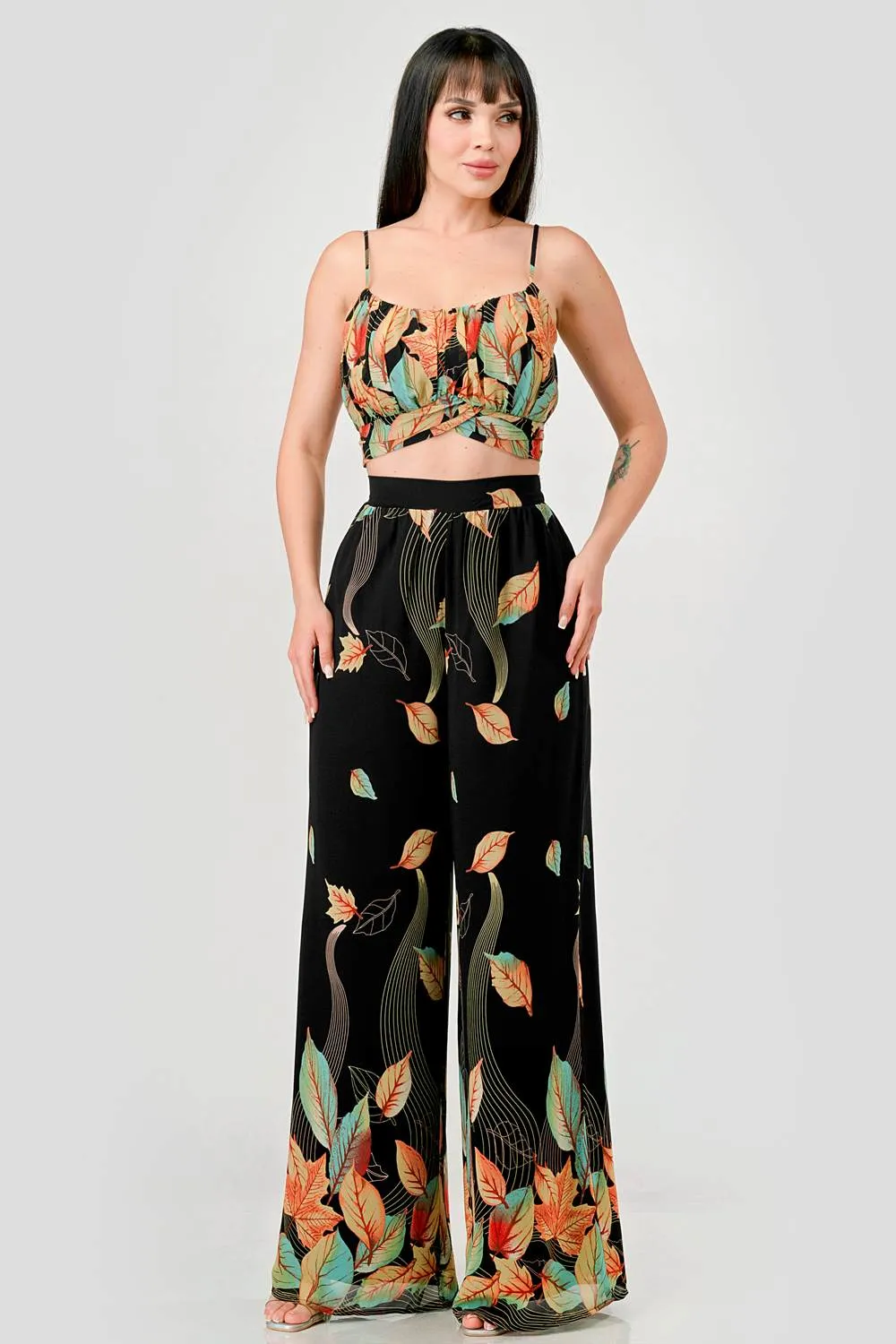 DRY LEAF PRINT CHIFFON CROPPED TOP & PANTS SET sold by privy product image thumbnail 4