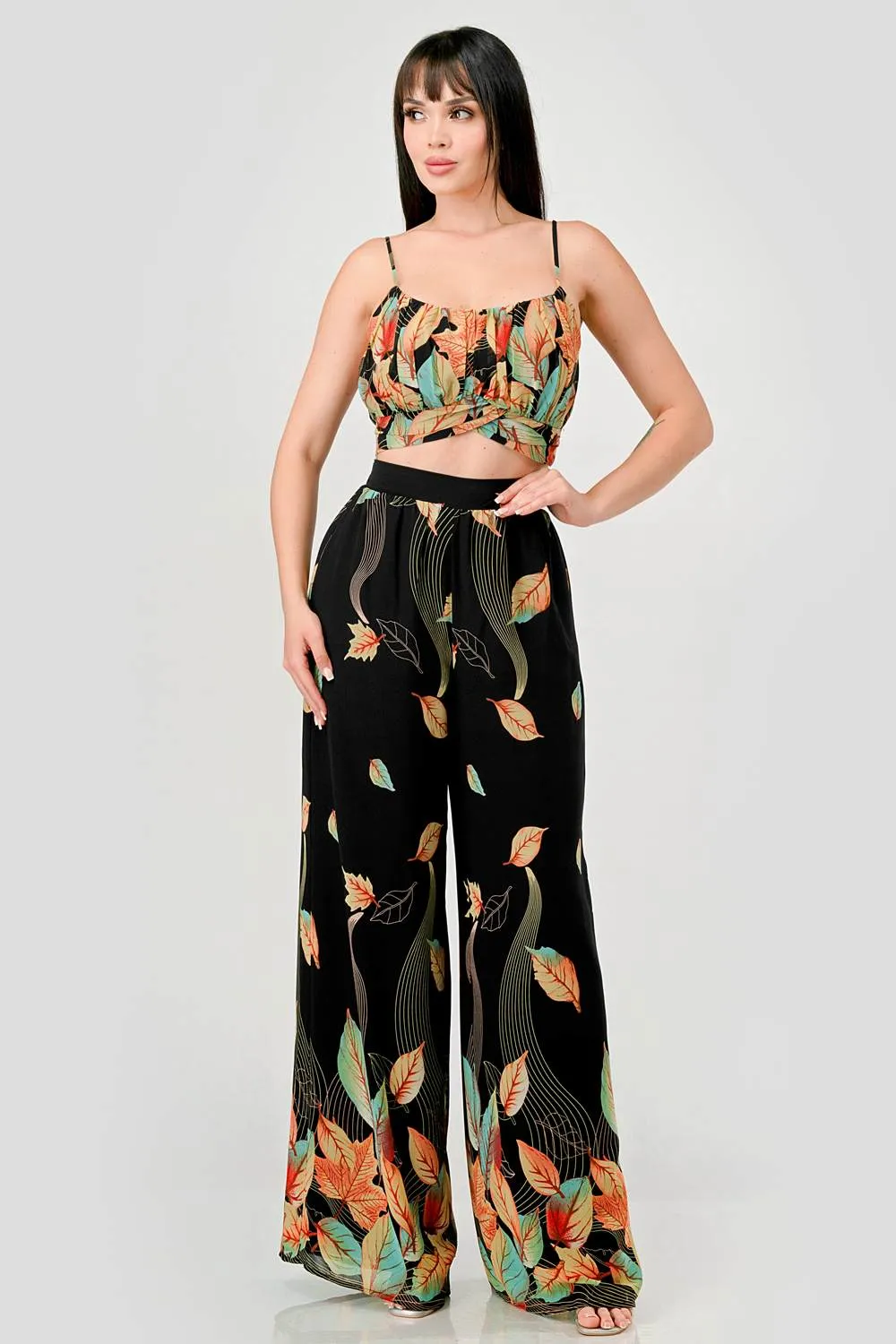 DRY LEAF PRINT CHIFFON CROPPED TOP & PANTS SET sold by privy