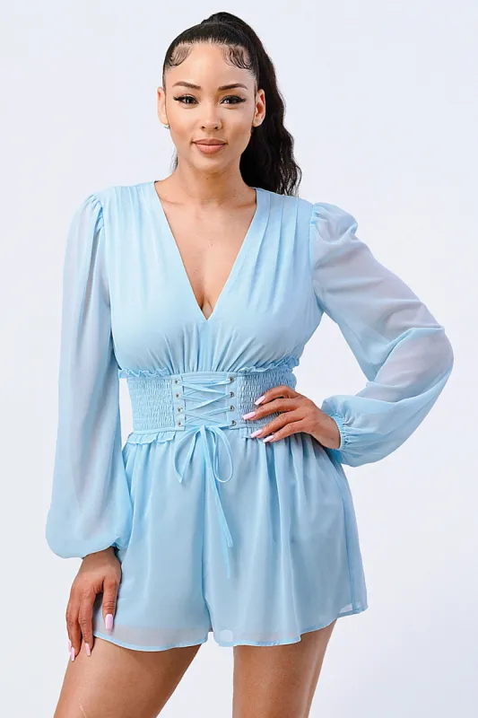 LUX CHIFFON V-NECK SMOCKED CORSET BELTED ROMPER sold by privy
