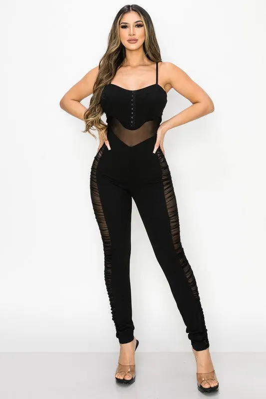 SUPER SOFT SCUBA MESH CUT-OUT SIDE RUCHED JUMPSUIT sold by privy