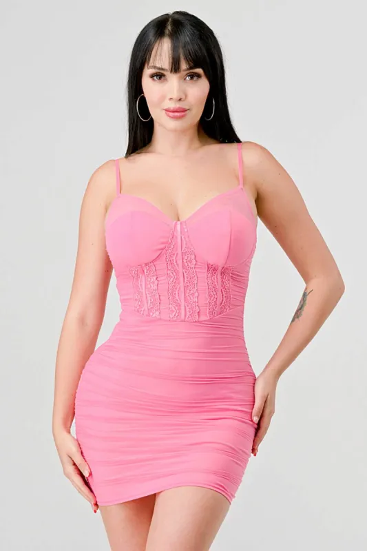 SEXY MESH LACE BODICE RUCHED BODYCON MINI DRESS sold by privy