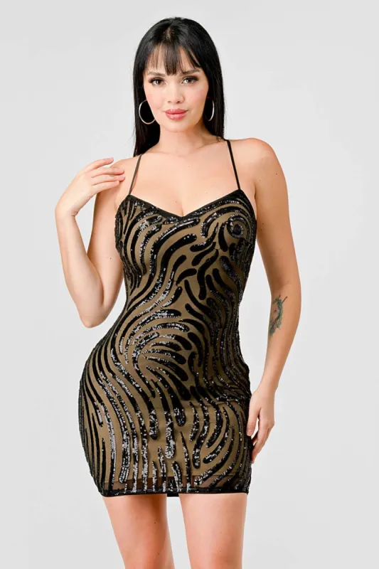 LUXE WAVE SEQUINS DRAWSTRING LACE BACK MINI DRESS sold by privy