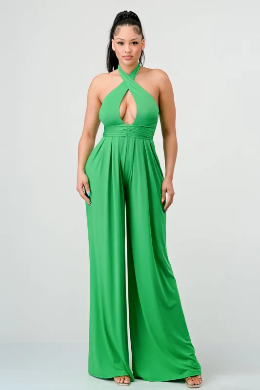 SEXY SOFT BRUSHED CROSS HALTER BODYCON JUMPSUIT sold by privy