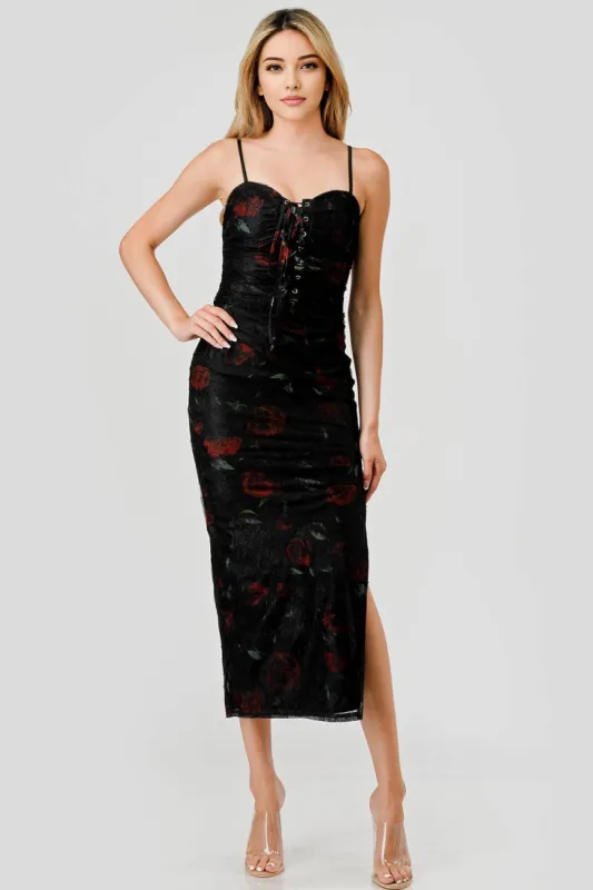 AD3724K / FLORAL LACE MESH LAYERED DRAWSTRING LACE UP DRESS sold by privy