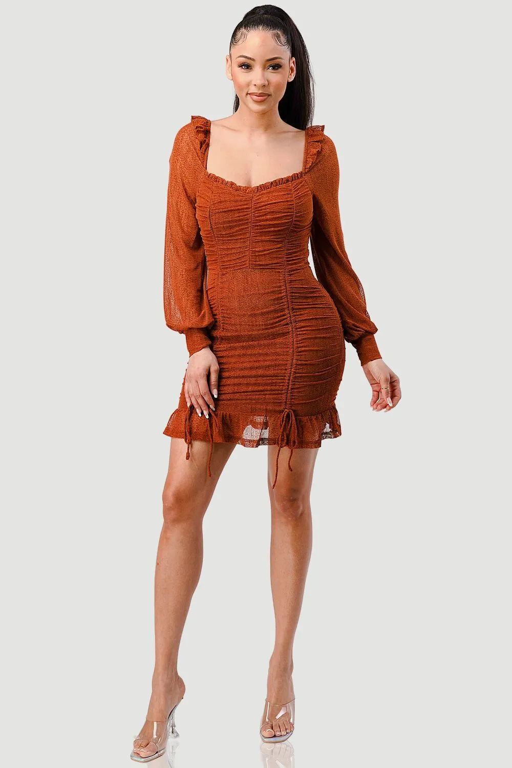 ONION MESH RUFFLE DOUBLE RUCHED BODYCON MINI DRESS sold by privy product image thumbnail 4