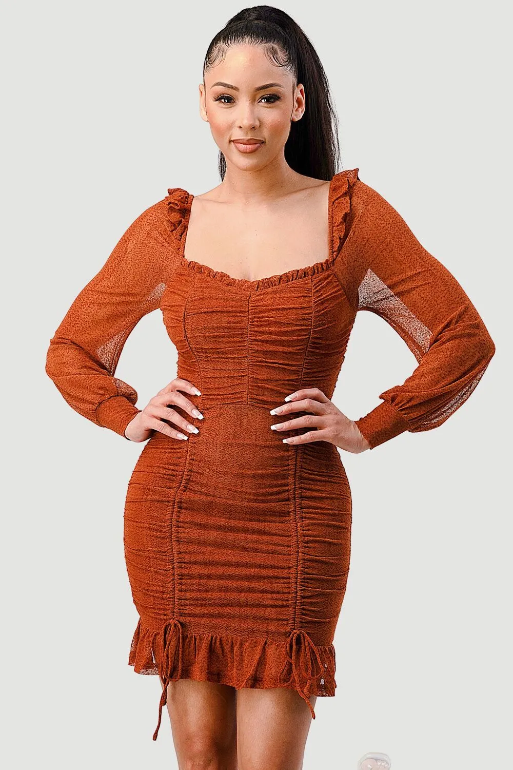 ONION MESH RUFFLE DOUBLE RUCHED BODYCON MINI DRESS sold by privy