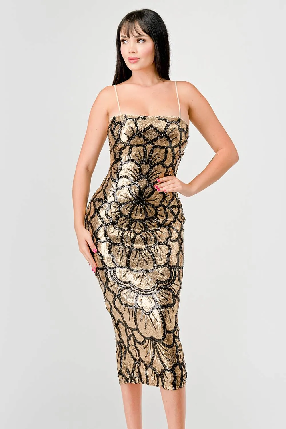 LUXE GOLD SEQUINS SLEEVELESS BODYCON MIDI DRESS sold by privy