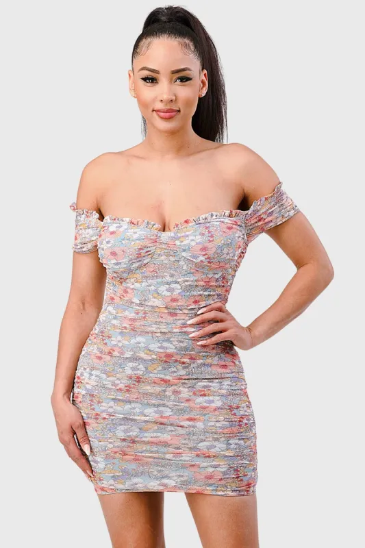 PD71829K-W / FLORAL MESH SWEETHEART OFF SHOULDER MINI DRESS sold by privy