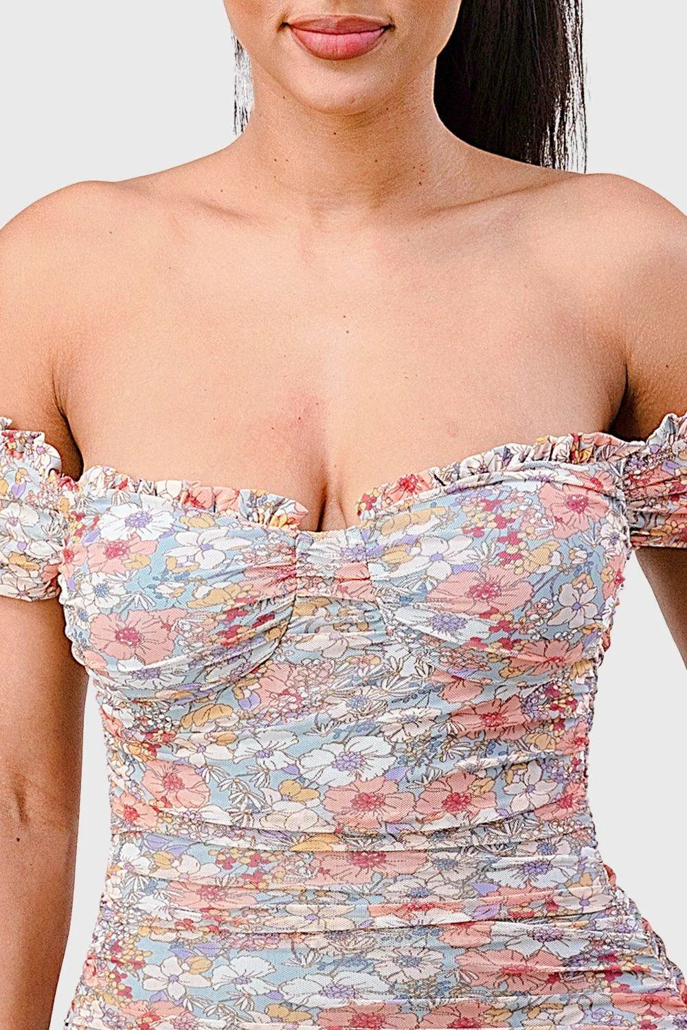 PD71829K-W / FLORAL MESH SWEETHEART OFF SHOULDER MINI DRESS sold by privy product image thumbnail 5