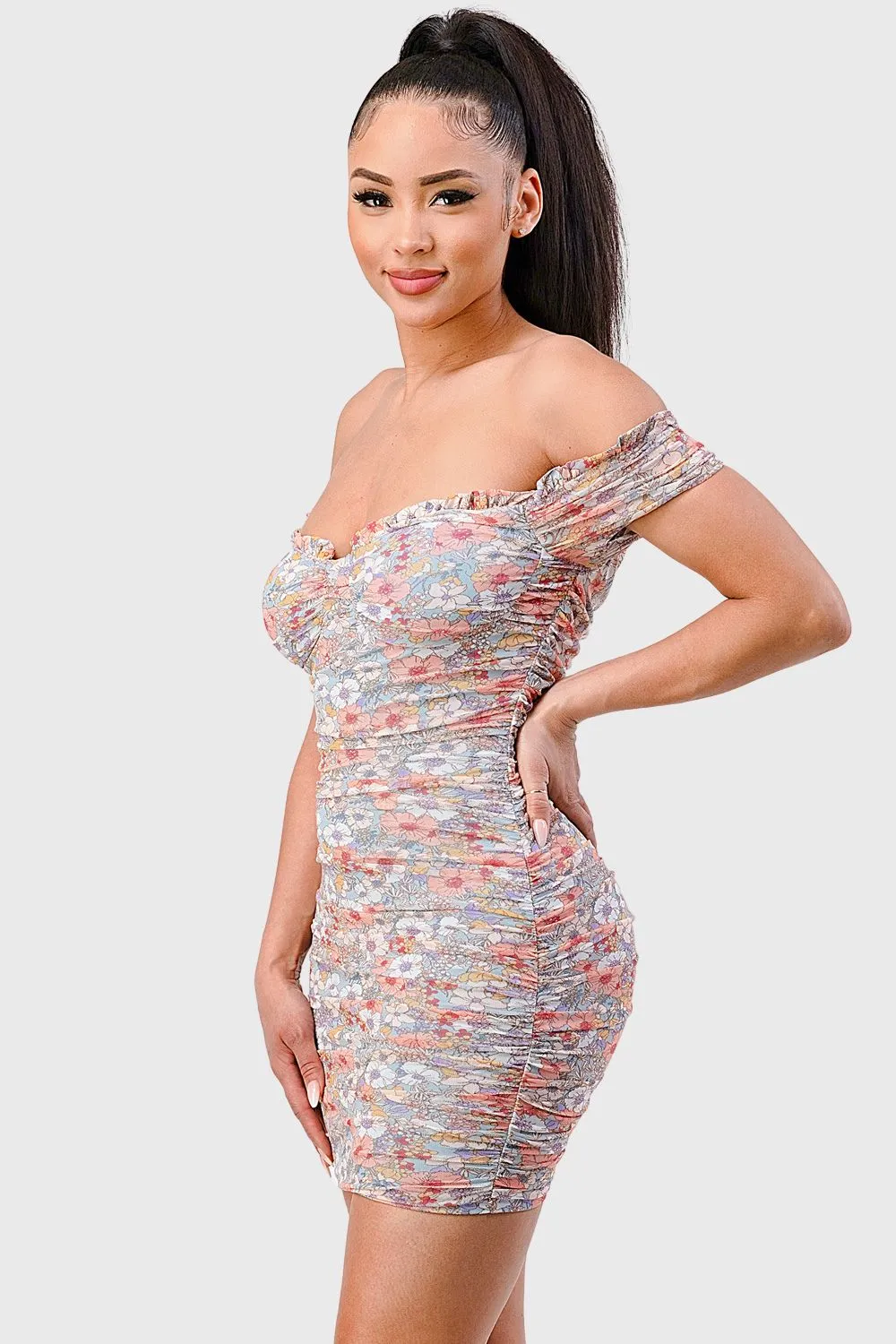 PD71829K-W / FLORAL MESH SWEETHEART OFF SHOULDER MINI DRESS sold by privy product image thumbnail 2